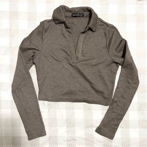 SHEIN Houndstooth Long Sleeve Polo Crop Tee Size XS
